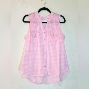 French Laundry PINK & White Checkerd Sleeveless Blouse V Neck Buttons 1/2 Way Up